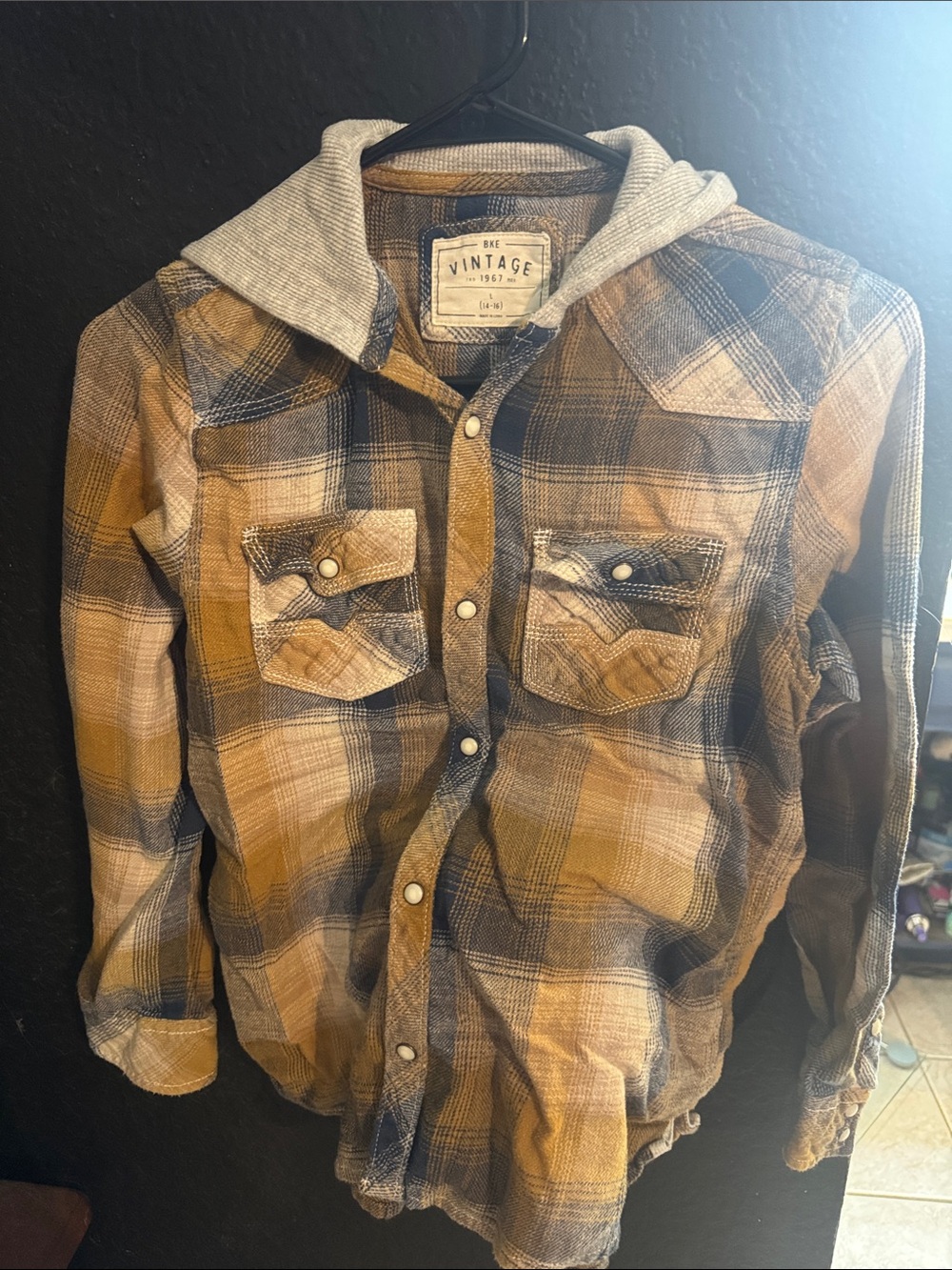 BKE Hooded Plaid Shirt Jacket - Tan & Blue